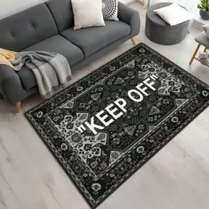 "Keep Off" Area Rug With Persian Design Washable Carpet for Home Decor Black and White Pattern