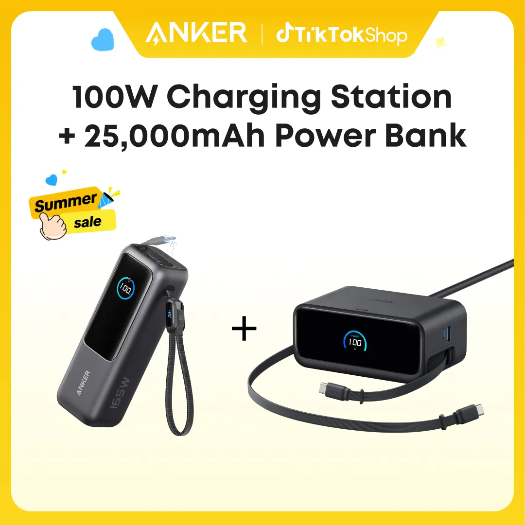Anker Portable Laptop Power Bank with Built-In Cables, 25,000mAh High-Capacity Battery, Fast Charging for 4 Devices and Anker Nano Charging Station, 7-in-1 USB-C Power Strip, 2.3 ft Anker InstaCord Retractable Cable, 3 USB-C, 1 USB-A, 3 AC,