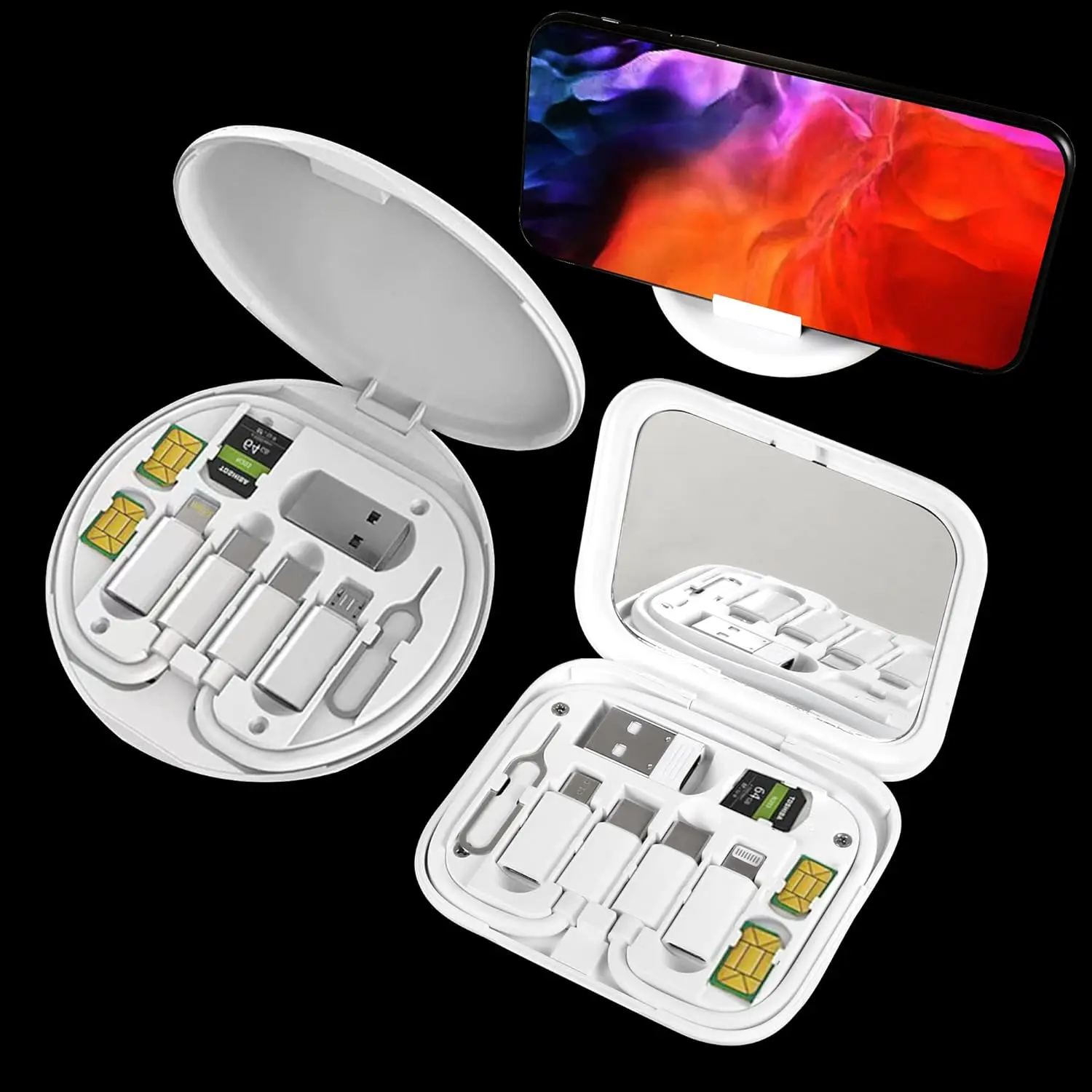 USB C Adapter OTG,Multi Charging Cable Conversion Set USB A & Type C to Micro/Lightning,USB C to Micro USB,Data Transfer,SIM Card Pin,Phone Holder (White Mirror)