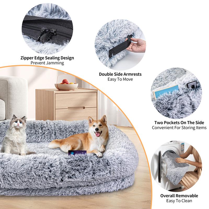Human Dog Bed, Fits You & Pets, Washable Faux Fur, Orthopedic, Plump Pillow, Blanket, Strap