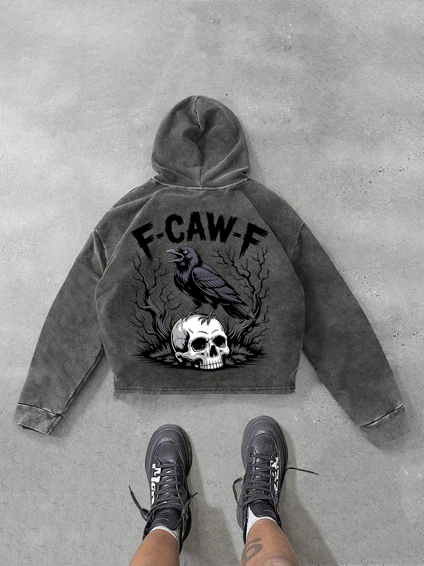 Dark Wash Hooded Sweatshirt, Autumn Vintage Loose Street Style Skull Crow Print Top, Comfortable Skin-Friendly Fabric, Casual Long Sleeve Pullover, Graphic Team Hoodie