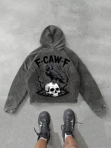 Dark Wash Hooded Sweatshirt, Autumn Vintage Loose Street Style Skull Crow Print Top, Comfortable Skin-Friendly Fabric, Casual Long Sleeve Pullover, Graphic Team Hoodie