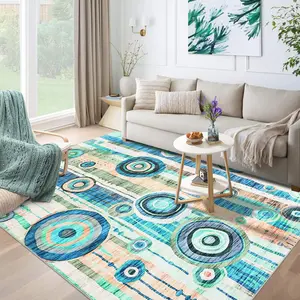 GARVEE Area Rug 8x10 Modern Living Room Rug Washable Indoor Accent Rug Low Pile Non Slip Carpet with Circle Print Contemporary Floorcover Mat for Dining Room Office Ultra Thin Rugs, Teal Blue