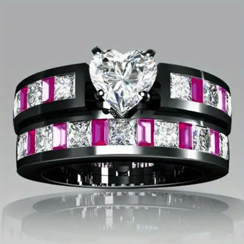 2 Pcs Set Women's Fashion Elegant Heart Zircon Rings - Wedding Engagement Promise Jewelry Set, Perfect Gift for Her