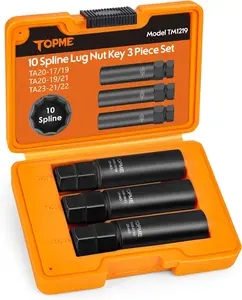 TOPME 10 Spline Lug Nut Socket Set, CR-MO Material, Compatible with Bimecc 10-Spline Lug Key, for Truck & SUV, 3 Piece, M12/M14 Hex Drive