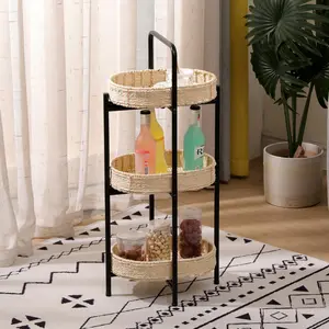 3 Tiers Tray Tables Paper Rope Woven Side Table for Living Room Kitchen Oval Storage Basket Small Shelves (Natural)    RR