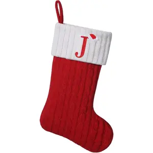 19.5 inch Red Knit Christmas Stockings,Personalized Embroidered Letter Christmas Stocking,Family Holiday Xmas Party Decor (Initial J)