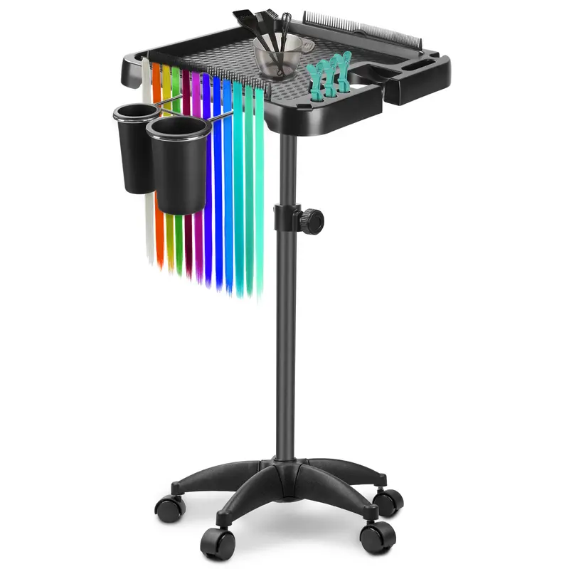 Beauty Rolling Tray Cart with Wheels - 1-Layer Adjustable Grooming Table (15.5" x 15.5" x 1.2", 26" to 43") with Storage Platform, Hair Separator Stand, Blow Dry Stand for Salon Stations, Home Use
