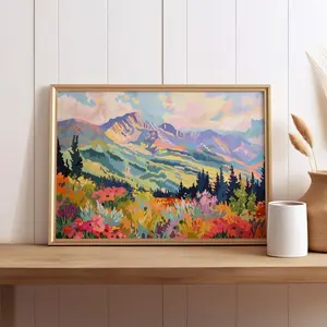 Abstract Rocky Mountains and Wildflower Field Wall Art Poster, Colorful Nature Impressionism Botanical Art Floral, Wall Decor, Vinyl Poster, Home Decoration, Girl Room Accessories, Office Wall Art
