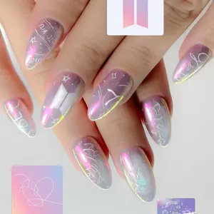 Holographic Press On Nails | Kpop  Fake Nails | Purple Aurora Chrome Custom Nail Art | Love Yourself Concert Reusable False Nails 2UN2SX