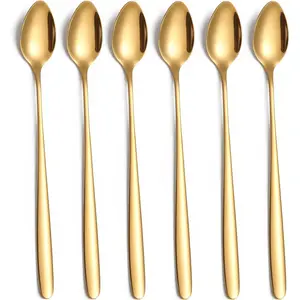 Long Handle Iced Tea Spoon 7.8-Inch Gold Coffee Spoon Ice Cream Spoon Stainless Steel TeaSpoons Cocktail Stirring Spoon Set of 6