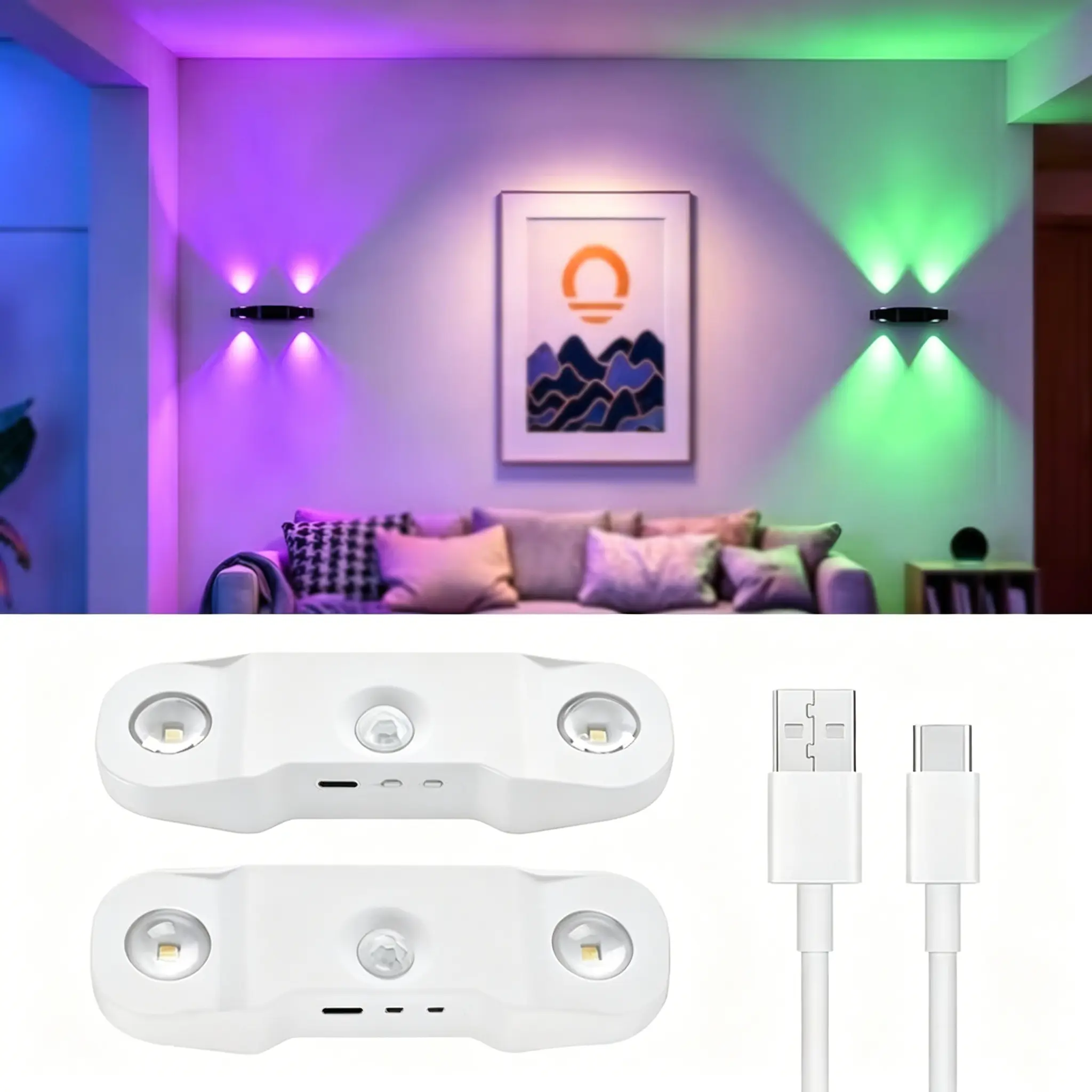 2Pcs Rechargeable RGB Motion Sensor Dimmable LED Nightlights - Magnetic Stick-On, Energy-Efficient, Gradient Modern Mood Indoor Wall Lamp, Wall Sconces for Entryway, Bedroom, Led Nightlight