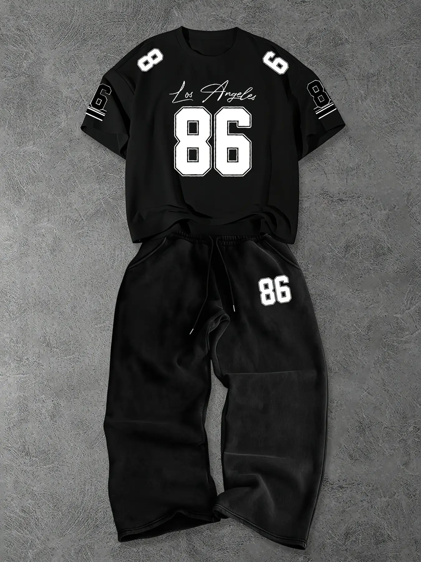 Retro 86 Number Print Streetwear Tracksuit, Casual Sporty Set, Casual Sportswear Outfit, Crew Neck Oversized T-Shirt & Elastic Waist Loose Pants Set, Casual Style 2 Piece Outfit for Men Women, Perfect for Daily Wear, Sports, Lazy Loungewear