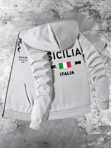 Men's Regular Fit Italy Flag Print Zip Up Hooded Jacket, Casual Long Sleeve Zip Front Outerwear for Spring & Fall, Fashion Men's Clothes for Daily Wear Menswear