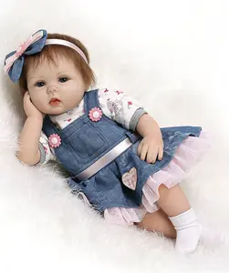 Lifelike Reborn Baby Doll Girl, Realistic Vinly Newborn Doll with Denim Dress & Headband, Soft Cloth Body Toddler Doll Gift for Kids Age 3+