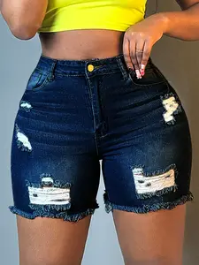 Simple Basic Women's Solid Color Ripped Pocket Frayed Edge Plus Size Fit Denim Shorts, Casual Fashionable Summer Bottoms, Comfortable Daily Wear