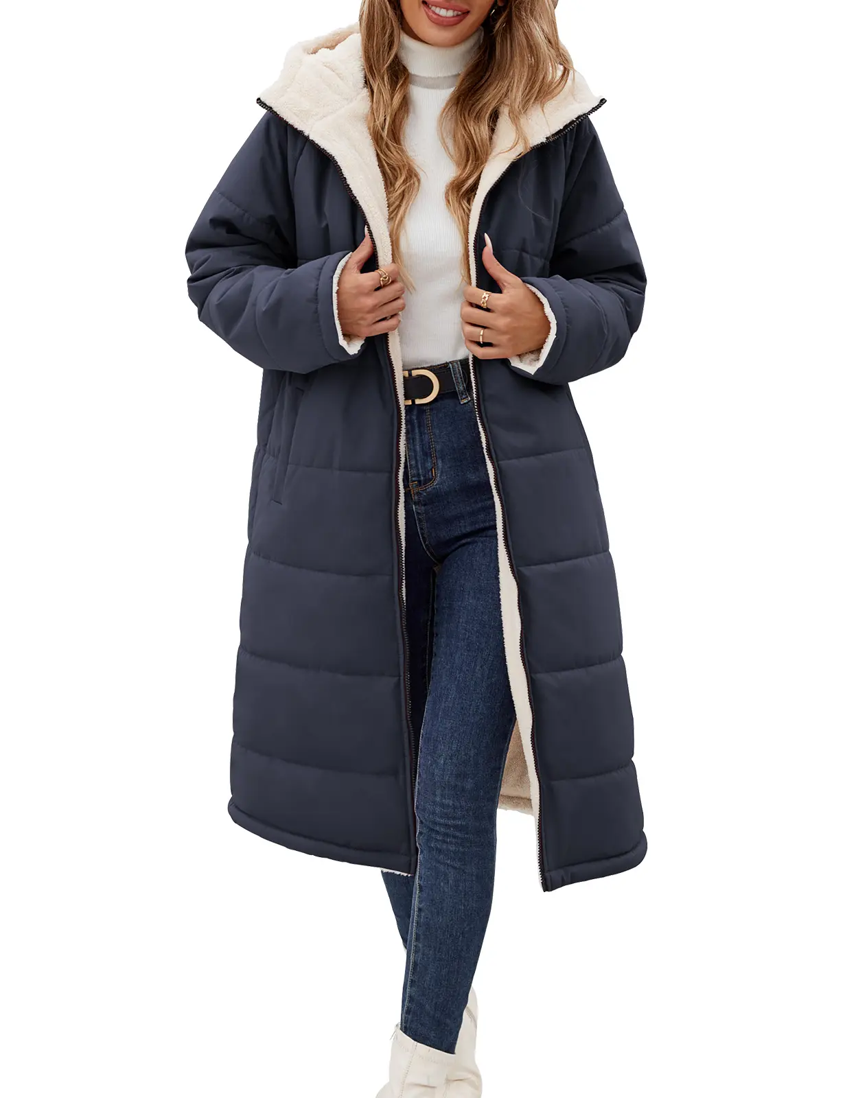 FASHORA Women Reversible Sherpa Fleece Lined Long Hooded Coat Zip Up Quilted Padded Warm Winter Outerwear Parka Jacket