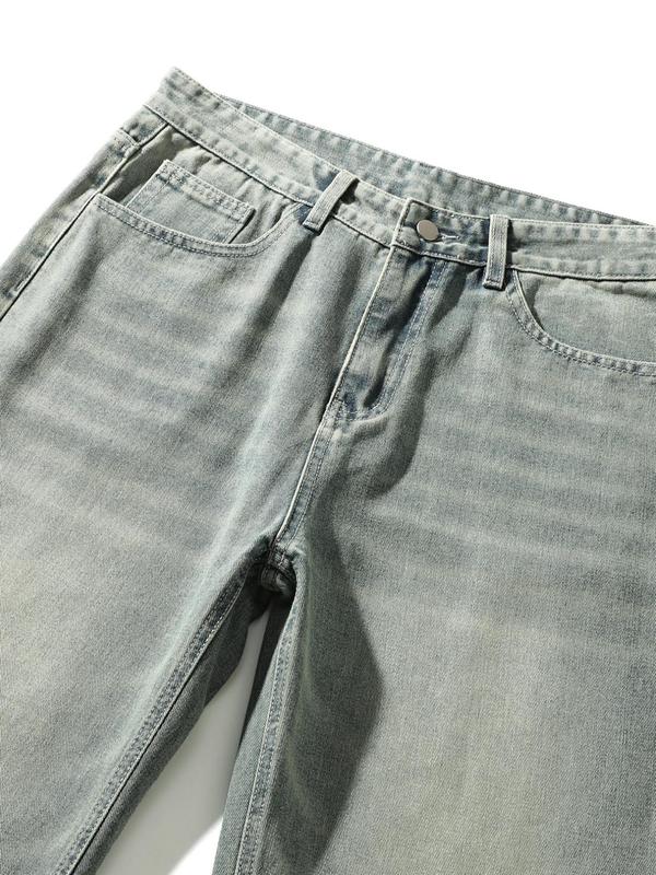 Men's Vintage Washed Denim Jeans, Basic Loose-Fit Wide-Leg Style, American Streetwear Trendy Look, Cotton Fabric, All Seasons