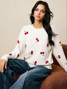 Women's Round Neck Sweater Knitwear, Cherry Embroidery Knit Pullover, Fall & Winter Fashion Top, Fitted Casual Wear for Women