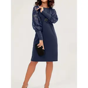 WOMEN'S elegant long sleeve lace trim floral dress-stretch polyester round neck knee-length H-cut,Summer Chic Crewneck Casual Fabric Womenswear Elastic Knitting Medium Printed Solid Straight summer outfits milkmaid dress waisttrainers prom dress Navy Blue
