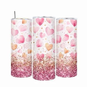 Heart-Themed Glitter Tumbler Set - 3-Piece Stainless Steel Water Bottle with Straw for Valentine's Day Gifts