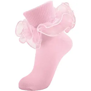 Women Big Ruffle Ankle Socks Adult Double Lace Frilly Socks Fold Cuff Cotton Ruffled Dress Crew Bobby Bride Sock