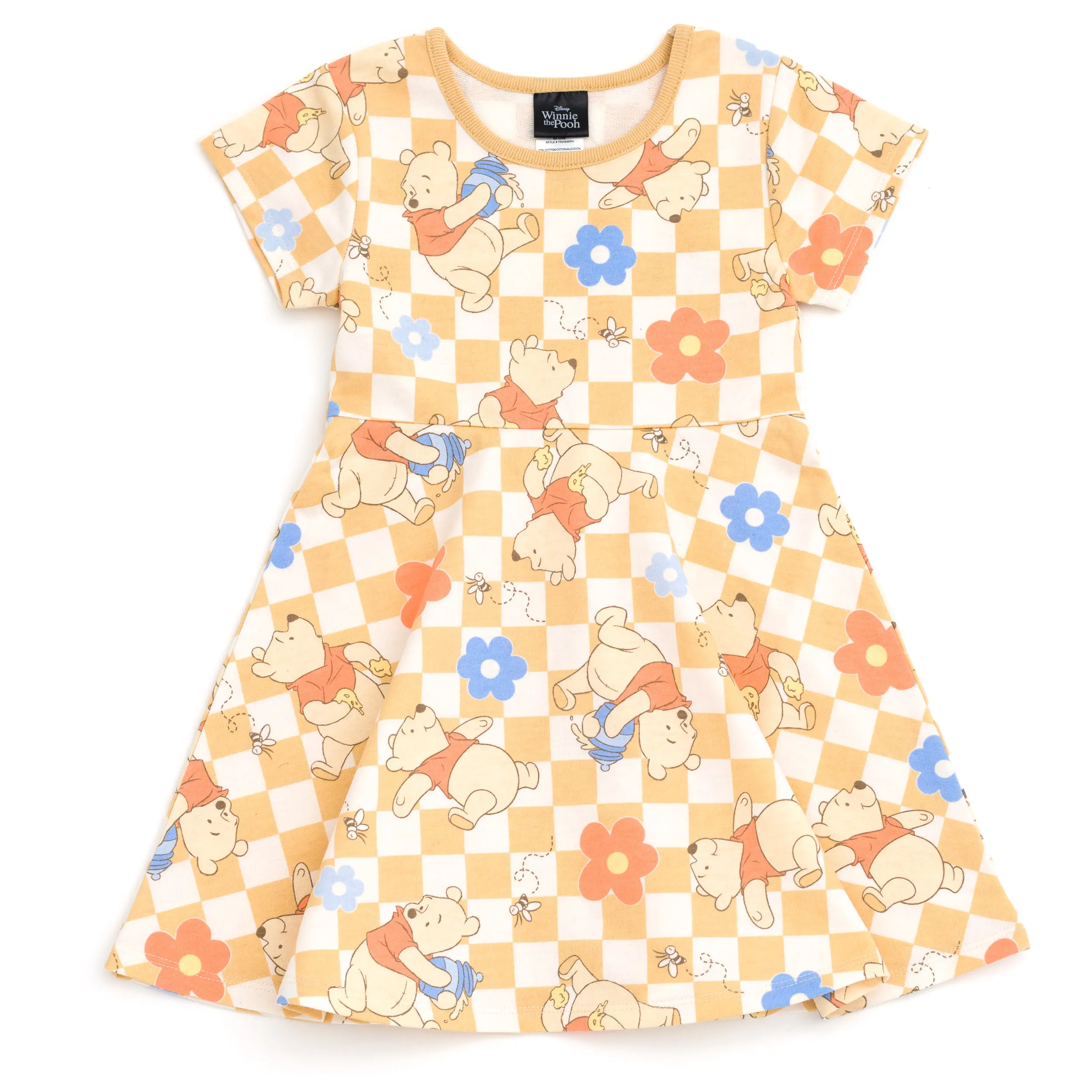 Disney Winnie the Pooh Girls' Fit & Flare Skater Dress - Tan Checkerboard Print French Terry, Pleated Skirt, Ribbed Crew Short Sleeve Tops, for Toddler-Little Kid Birthday Party & All-Day Wear