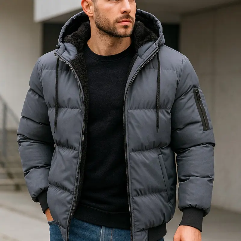 Men's Plush Hooded Full-Zip Thick Warm Coat - Menswear, Plain Solid Color Regular-Fit Long-Sleeve Casual Easy-Care Cold-Weather Outerwear with Stylish Beige Zipper