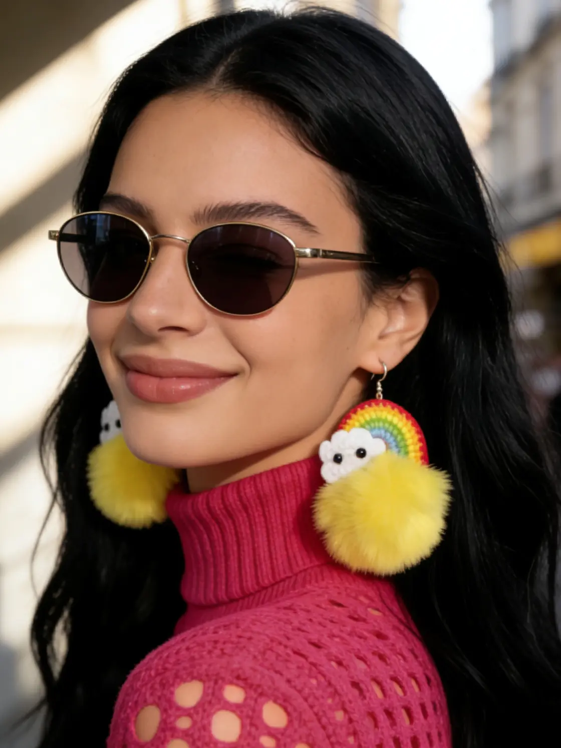 Handmade Crochet Rainbow & Yellow Furry Pom - Pom Dangle Earrings with Cute Cloud Details