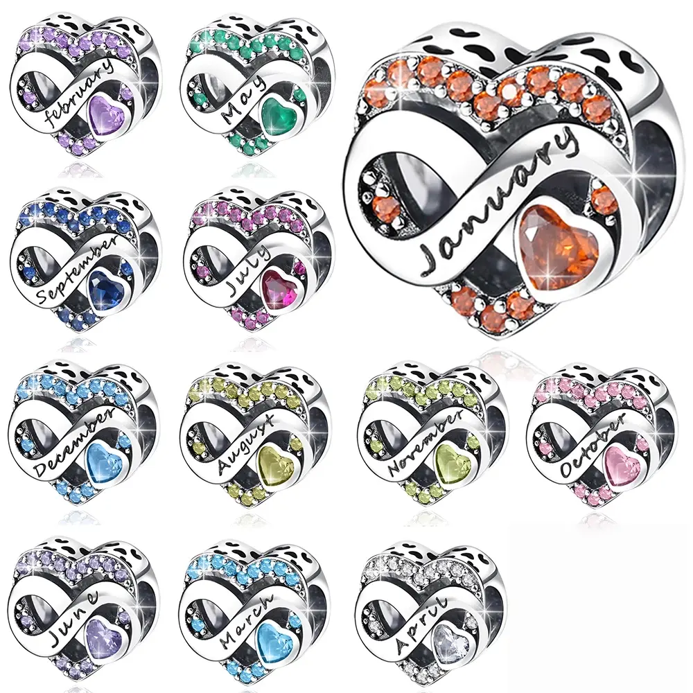 925 Silver-plated Infinity Heart Birthstone Bead, DIY Jewelry Charm Fits for Necklace Bracelet, Perfect Birthday Gift for Women