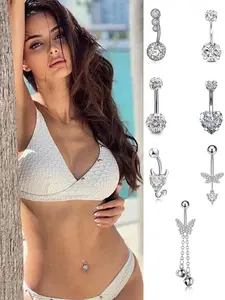 Rhinestone Butterfly Heart Decor Belly Ring, Fashionable Belly Piercing for Women & Girls, Body Jewelry for Party, Daily Clothing Decor for Girl, Belly Button Jewelry