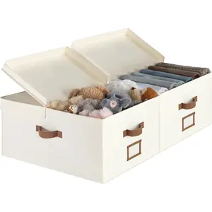 Extra Large Storage Bins with DoubleOpen Lid 55L Fabric Baskets with Divider Board Boxes for Clothes Linen Closet Organizers with Handles Ivory White 2Pack
