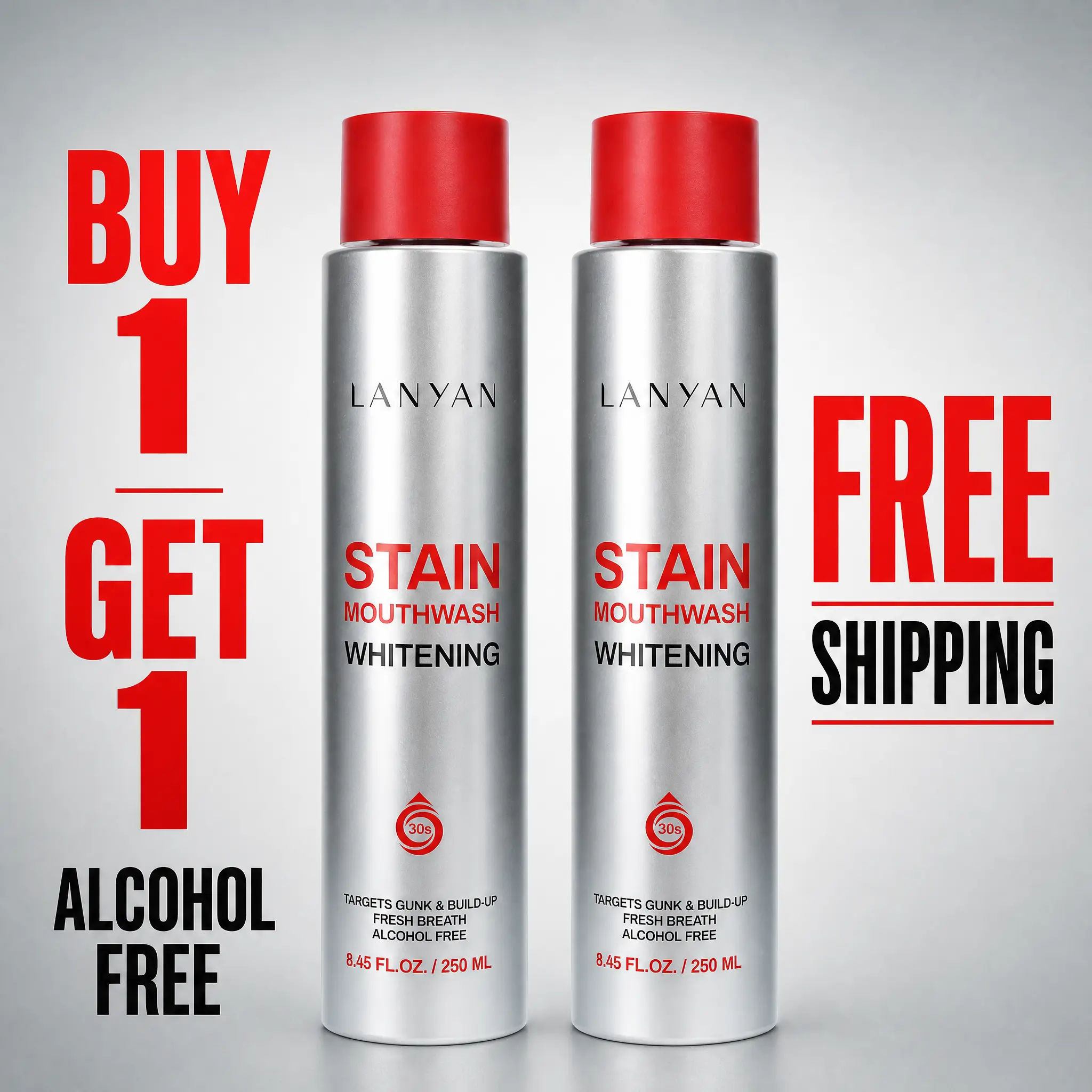 LANYAN Whitening Stain Mouthwash Buy One Get One Free – Eucalyptus & Peppermint Dual-Plant Oral Rinse, Alcohol Free, Peroxide Free, Targets Surface Stains & Plaque, 30s Fresh Breath & Gum Care, Travel Friendly
