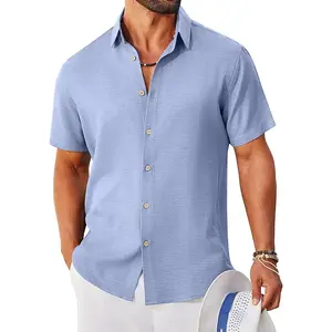 Mens Button Down Shirt Short Sleeve Casual Shirts Linen Textured Summer Beach Shirts