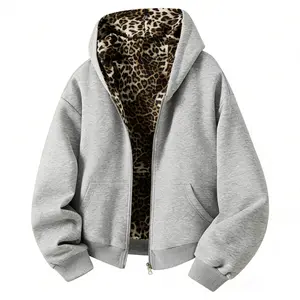 SHUARAX Vintage Aesthetic Leopard Patchwork Hooded Cardigan Reversible Loose Fit Street Style Hoodie Men and Women Coed Swag Gift long sleeve top