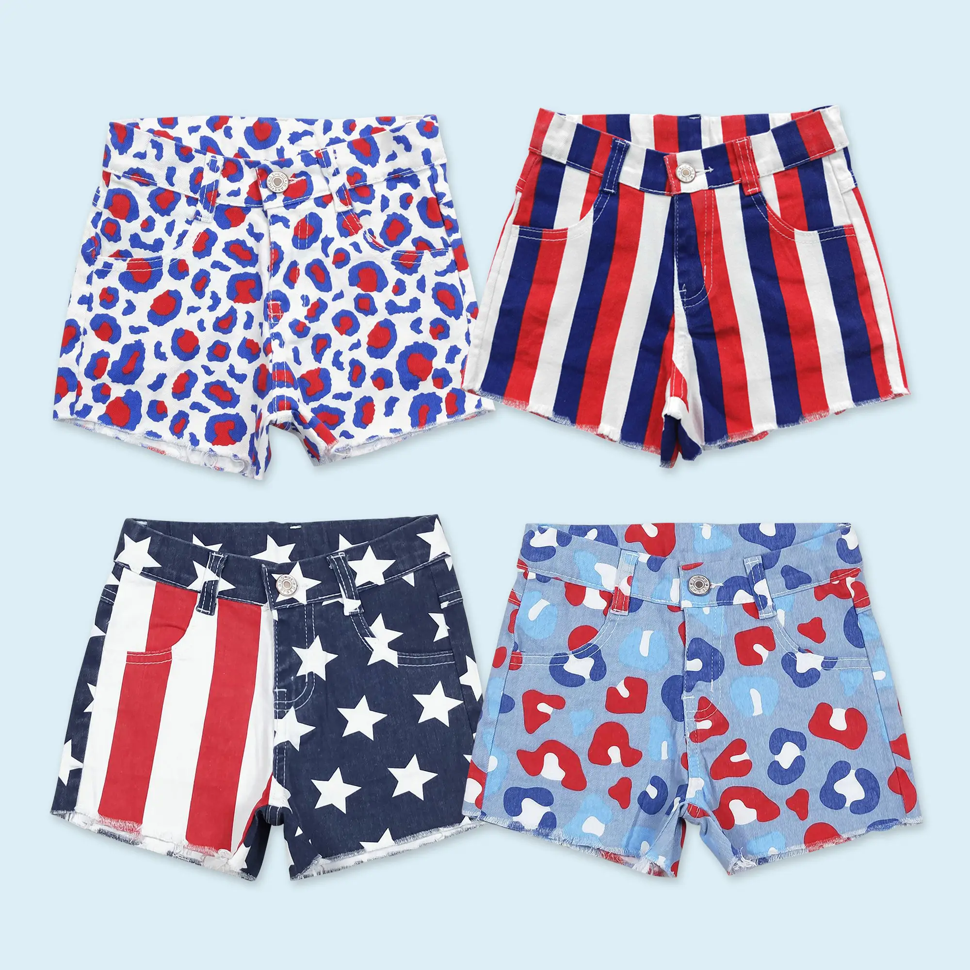 Girls Red Stripes Blue Star July 4th Jeans Shorts