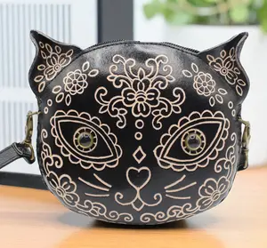 Handmade Genuine Leather Sugar Skull black Cat Crossbody Purse