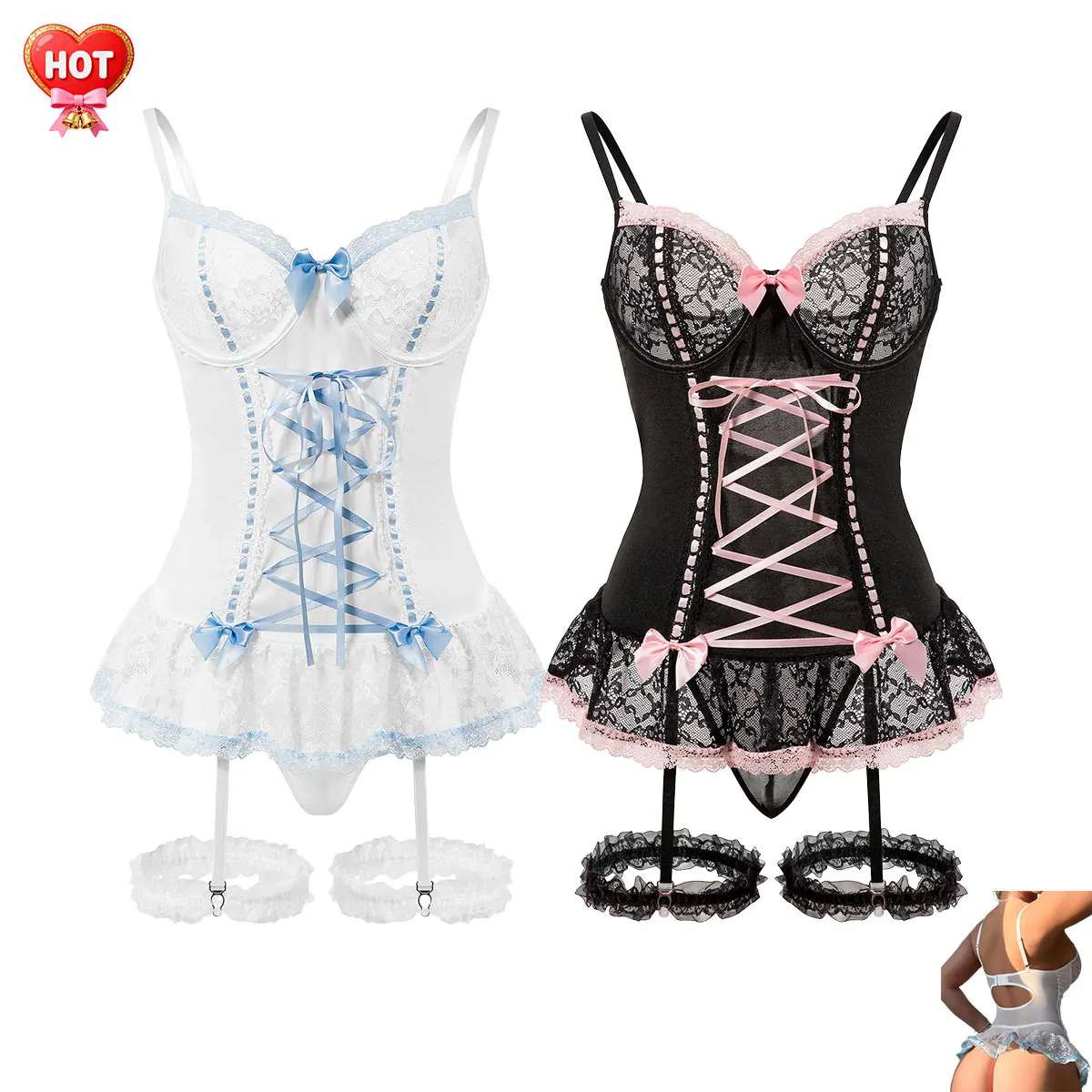 Women's Lace-Up Corset Waist Cincher Lingerie Set with Garter - Black Lace Teddy, Corset Front Teddy for Cosplay, Rave, Bodysuit Waist Cincher, Black Lace Teddy Lingerie & Bodysuits