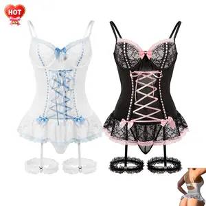 Lingerie Sets for Women Cosplay Rave Outfits Lace Up Corset Bodysuit with Garter