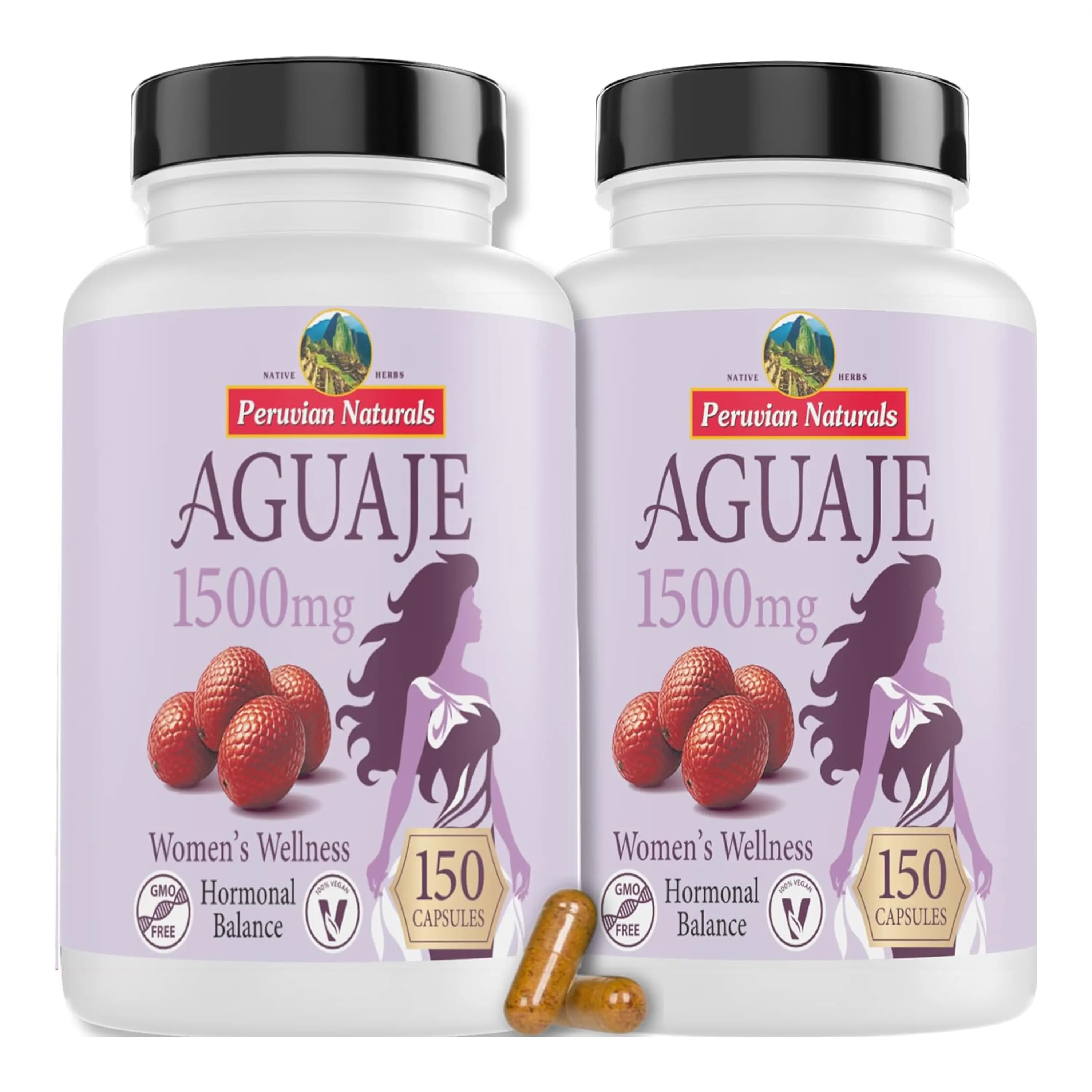 PERUVIAN NATURALS Aguaje Capsules 300 Pills (Pastillas de Aguaje) Women's Healthcare Supplements, Buriti Fruit Vitamins, Gluten-Free, Non-GMO, Vegan, Hormone Balance, Metabolism Support, Natural Curves, Sugar Free, Dairy Free 2-PACK