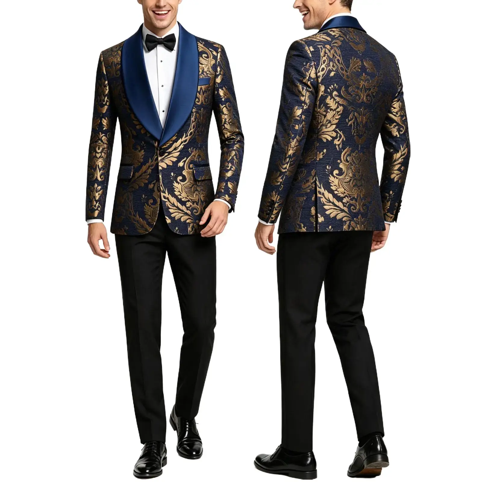 Men's Gold Floral Polyester Jacquard Formal Suit - Long-Sleeve Satin Shawl Lapel Tuxedo Jacket with Matching Trouser, Wrinkle-Resistant Formal Wear for Weddings & Proms, Original Cut Soft Party Outfit business casual outfits