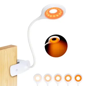 Clip-on Reading Light for Bed, Amber Color Book Read Light Rechargeable 5 Brightness Desk Light Clamp Lamp, Touch Control Dimmable Lamp with Flexible Neck, Gentle Night Light(White)