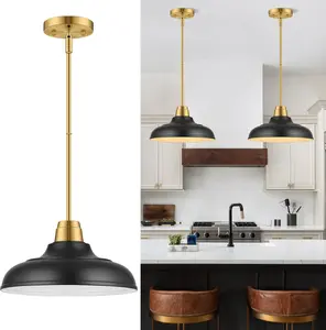 Black and Gold Pendant Light, 12" Matte Black Adjustable Modern Hanging Lighting for Kitchen Island Dining Room Bar