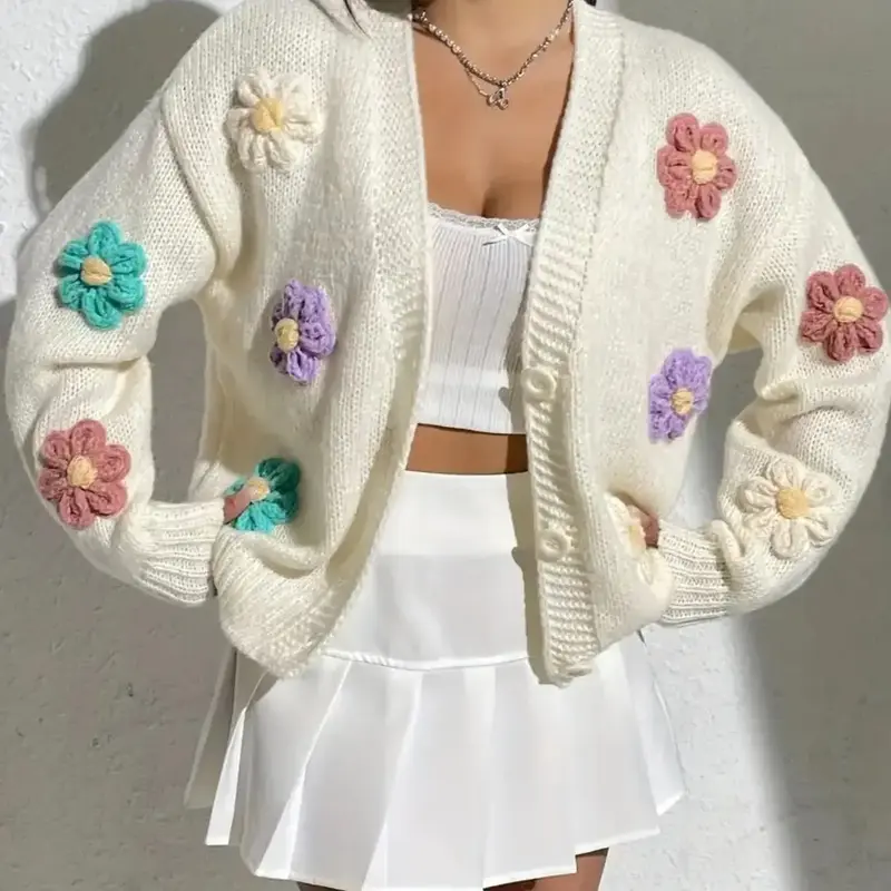 Women's 3D Floral Appliques Button Front Fitted Cardigan, Casual Feminine Long Sleeve V Neck Knitwear for Fall & Winter, Going Out Top, Ladies Knit Clothing for Daily Wear, Womenswear, Fashion Knitwear, Elegant Cardigan Knitwear