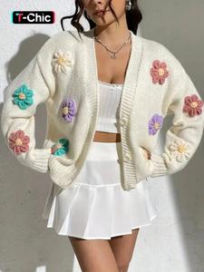 women's floral appliques button front vneck cardigan, chic crochet cardigan for women, casual fitted long sleeve v neck knitwear for fall & winter, ladies knit clothing for daily wear, longsleeves cardigans for women, womenswear