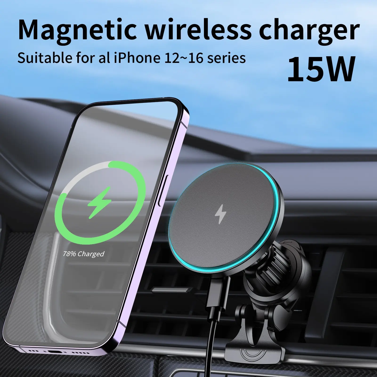 Magsafe Car Charger with Backlight Wireless Charging, Ventilated Phone Holder, 360° Rotating Magnetic Phone Stand, Magnetic Charger Base, Car Charging Dock for iPhone Series