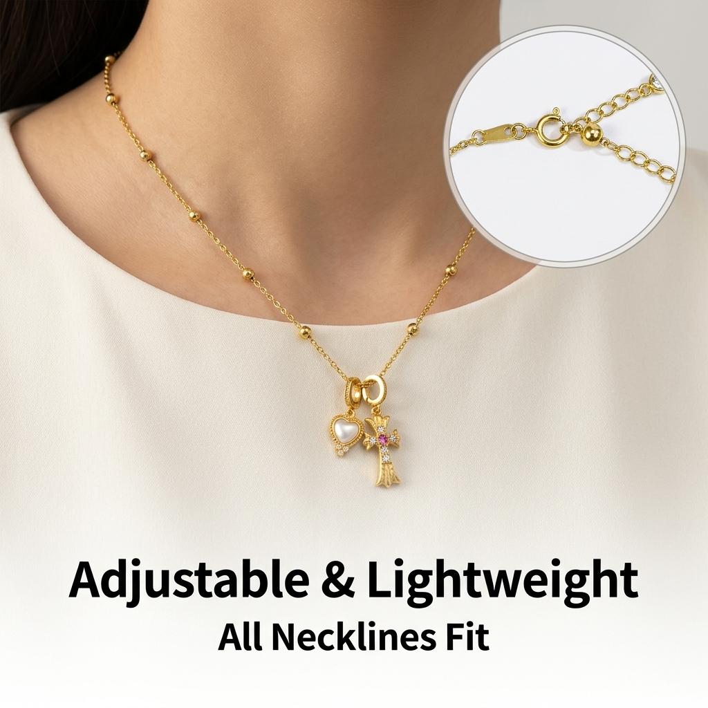 Pink Diamond Cross & Heart Shell Pendant Clavicle Necklace