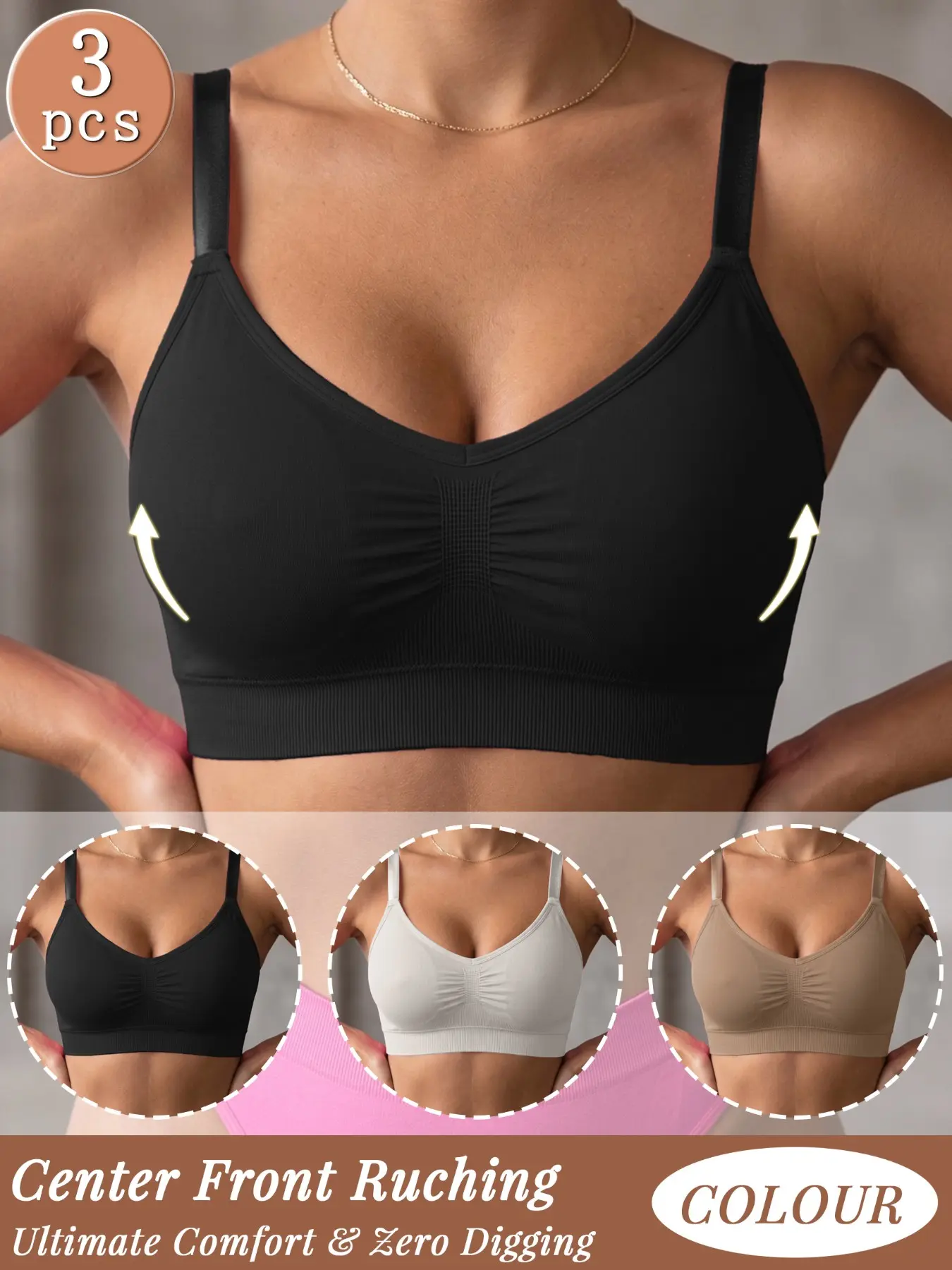 3 Pack Seamless Ruched Basic Bralette Wire Free Wide Back Comfort Bra with Adjustable Straps for Everyday Wear