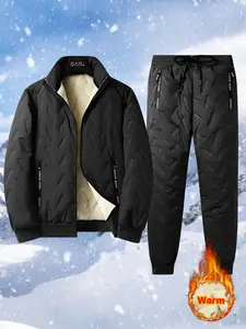 2 Pieces Men's Winter Sherpa Fleece Lined Warm Jacket And Pants, Windproof, Cold Resistant, Full Zip Closure, Suitable For Outdoor Skiing Activities