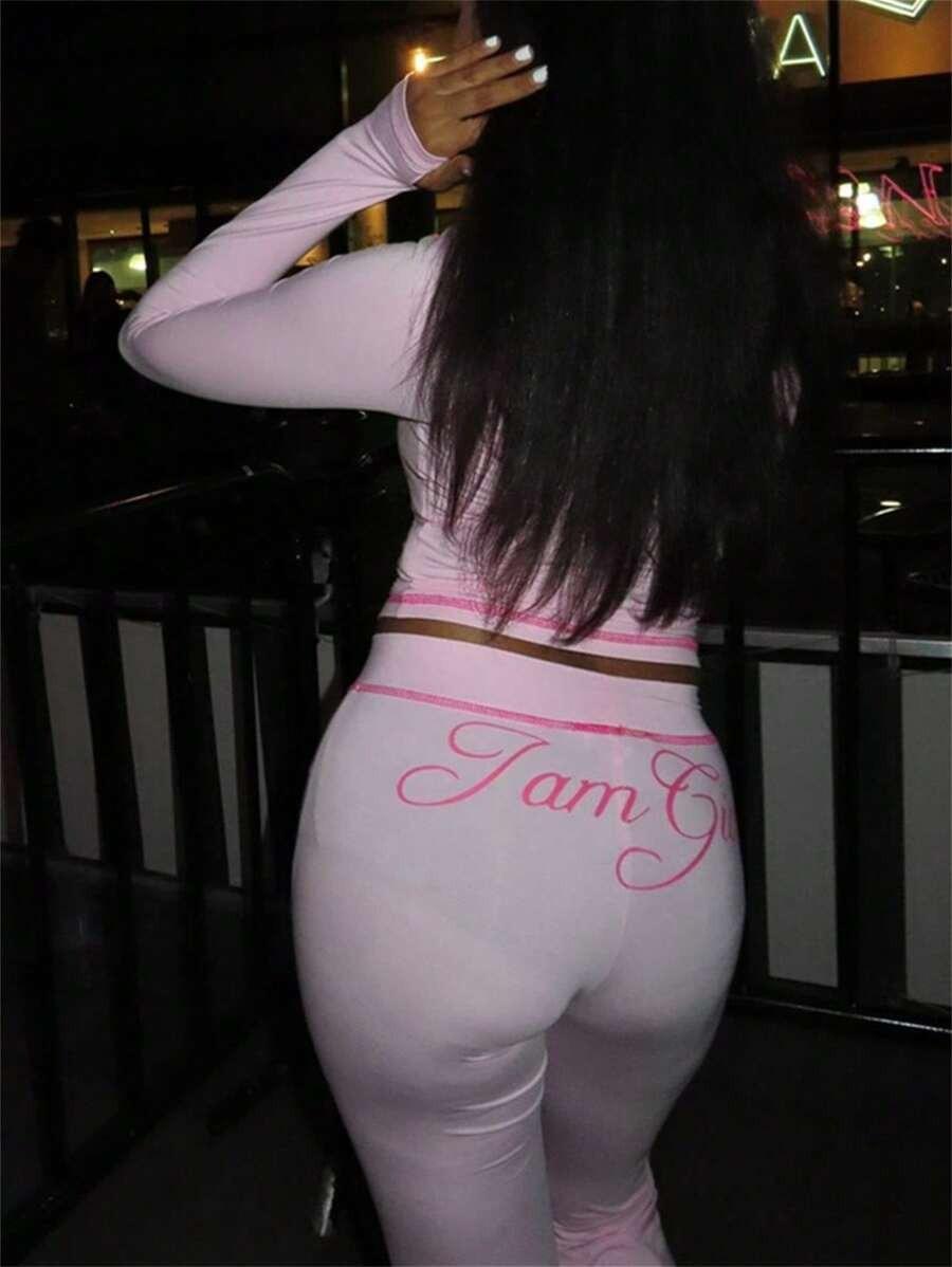 Gia Logo Y2K Two Piece Set Women – Zip Up Crop Top & High Waist Flare Pants, Slim Fit Streetwear Tracksuit, Perfect for Spring Break, Hot Girl Summer, Pool Parties & 2026 Spring Summer Outings, Medium Stretch Knit Fabric